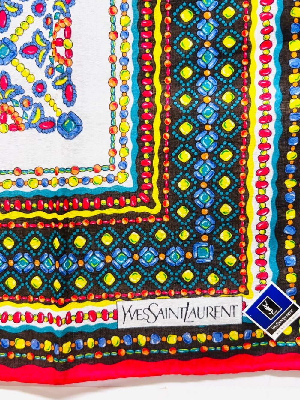 New W/Tag Yvest Saint Laurent Mini Scarf handker 20" Cotton white blue red (56) - Picture 6 of 6